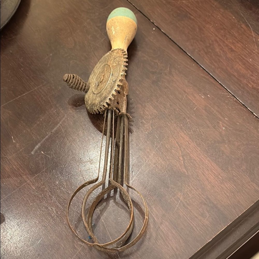 Vintage Egg Beater with Green Wooden Handle USA